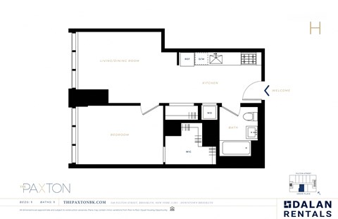 Floor plan for 1 bed, 1 bath, 603 sqft